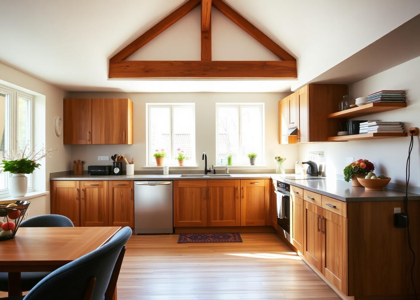 Warm afgewerkt interieur met houten kasten